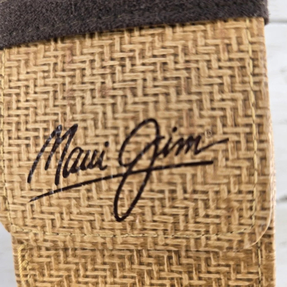 Maui Jim Sunglasses Case Tan Woven Seagrass Elastic Band Closure Brown Interior